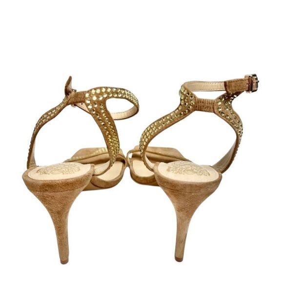 Vince Camuto Sandals Size 7.5 Tan Leather Saprenda Rhinestone Square Toe Ankle S - Picture 5 of 6